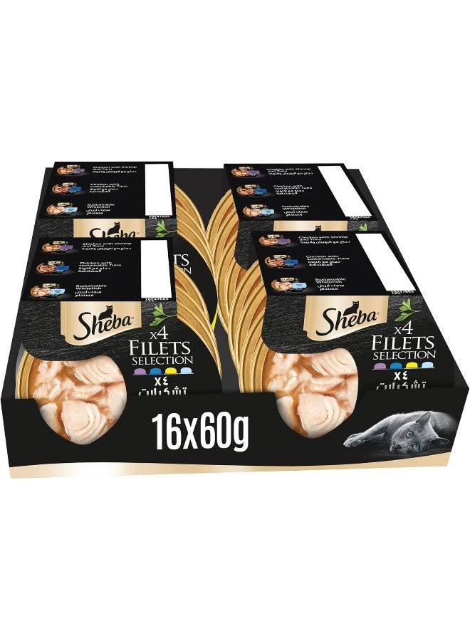 Sheba Cat Food Flavor Selection Filets, Mix of 4 Domes of Natural Shredded Chicken, Chicken with Shrimp & Tuna, Chicken with Sustainable Tuna & Sustainable White Fish, Premium Wet Food, Pack of 16x60g