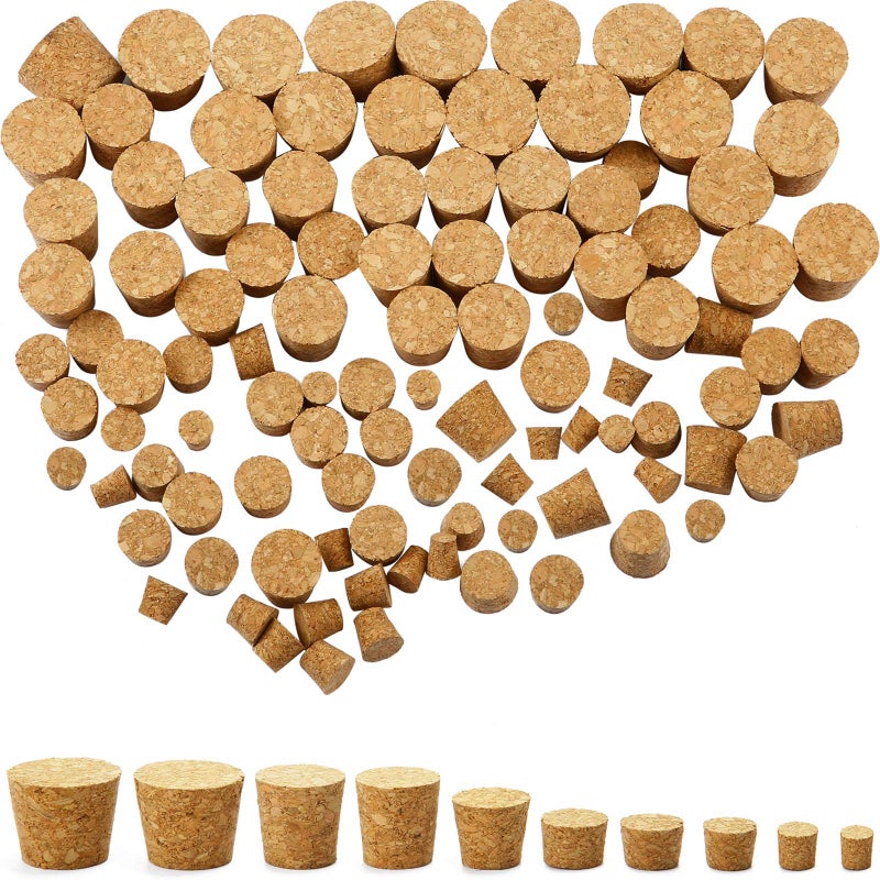 Jetec 100 Pack Assorted Cork Stoppers Wine Bottle Corks Plugs 10 Sizes Replacement Tapered Wooden Wine Stoppers for Apothecary Jar Small Bottle DIY Projects - Image 1