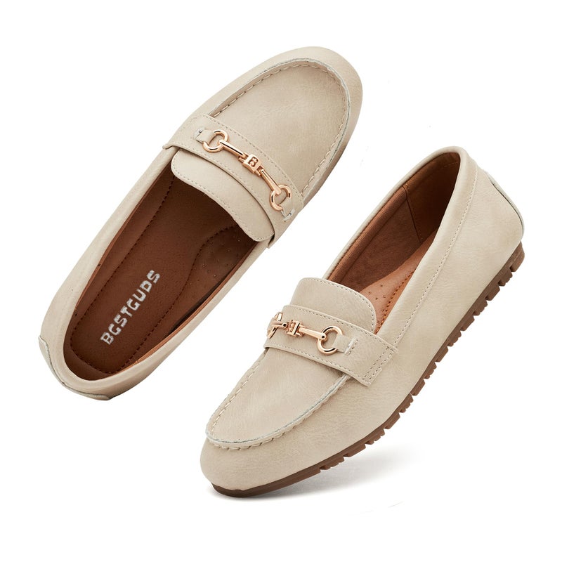BGSTGUDS Women's Wide Loafers Shoes Cute Dressy Shoes Ladies Comfort Flats Slip Ons Work Shoes, Beige, Size 7.5W - Image 1