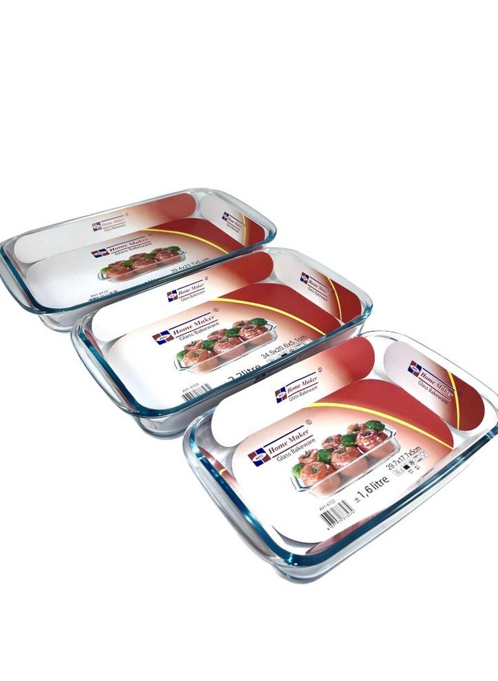 Homemaker Premium 3-Piece Rectangular Glass Baking Dish Set – 2.9L, 2.2L & 1.6L – Crystal Clear, Turkish-Made, Oven-Safe & Durable Quality - Image 1