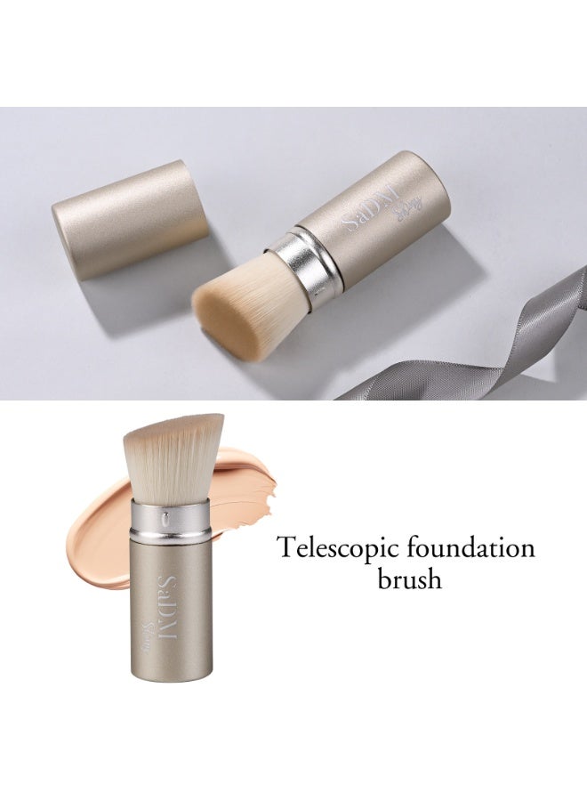 سدم شايني فرشاة كريم أساس قابلة للسحب: فرشاة مكياج كابوكي لتوزيع كريم الأساس، لون أبيض، شعر صناعي، فرشاة وجه احترافية بمقبض قابل للسحب، تصميم عصا محمولة - Image 2