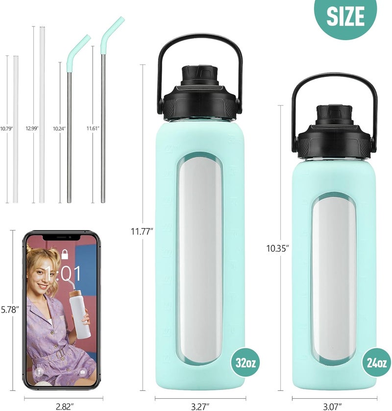 BLUEGO 900 ml Glass Water Bottle with Straw and 2 Lids, Glass Coffee Cup with Time Marking and Silicone Protection, Glass Cup for Drinks, Soda Cola, BPA-Free, Light Blue - Image 4