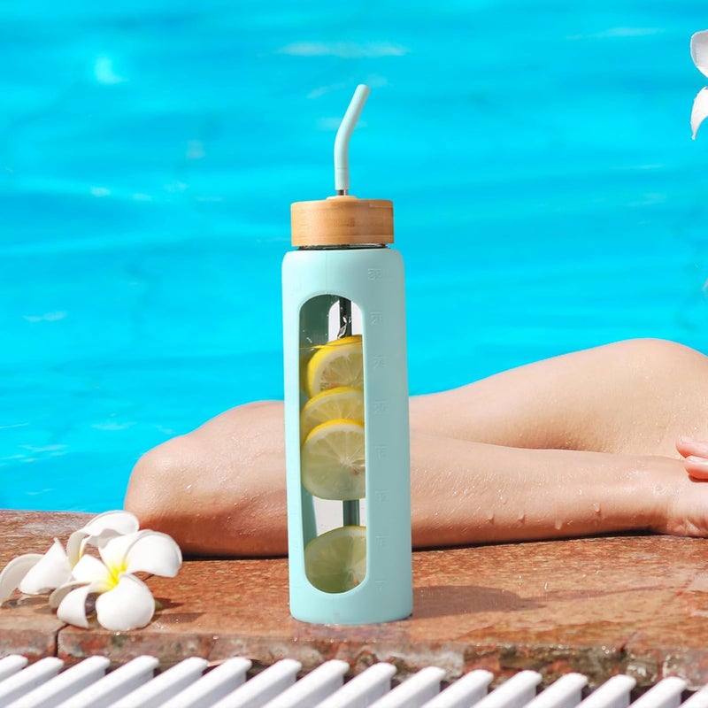 BLUEGO 900 ml Glass Water Bottle with Straw and 2 Lids, Glass Coffee Cup with Time Marking and Silicone Protection, Glass Cup for Drinks, Soda Cola, BPA-Free, Light Blue - Image 5