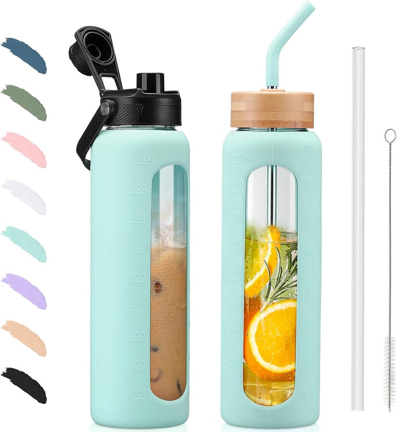 BLUEGO 900 ml Glass Water Bottle with Straw and 2 Lids, Glass Coffee Cup with Time Marking and Silicone Protection, Glass Cup for Drinks, Soda Cola, BPA-Free, Light Blue - Image 1