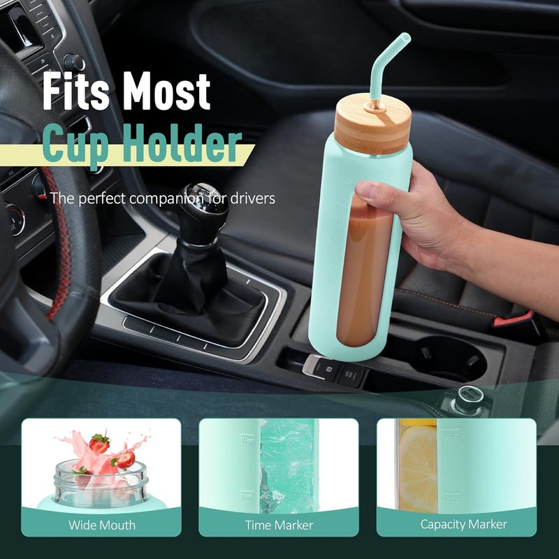 BLUEGO 900 ml Glass Water Bottle with Straw and 2 Lids, Glass Coffee Cup with Time Marking and Silicone Protection, Glass Cup for Drinks, Soda Cola, BPA-Free, Light Blue - Image 3