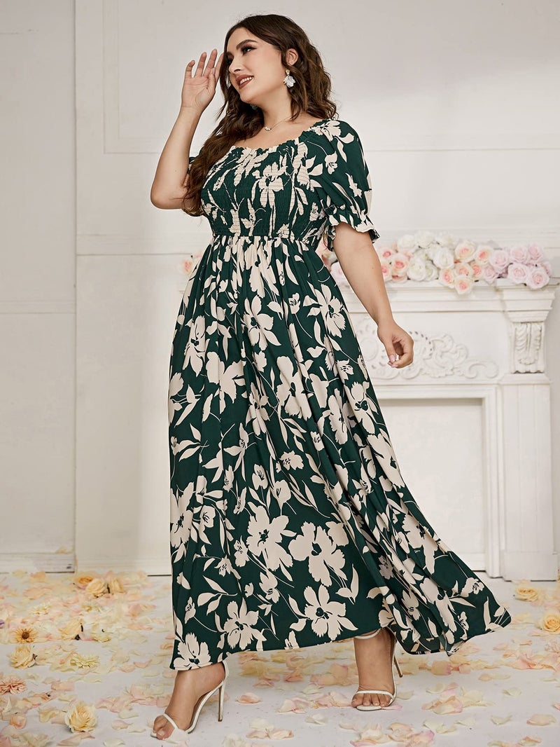MakeMeChic Women's Plus Size Summer Floral Maxi Dresses Curvy Short Sleeve Shirred Boho Beach Wedding Long Dress A Muilticolor 3X-Large - Image 3