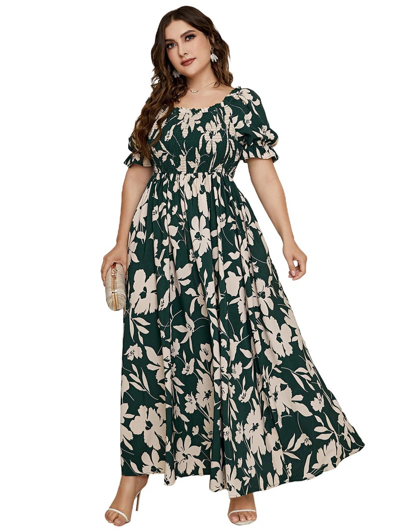 MakeMeChic Women's Plus Size Summer Floral Maxi Dresses Curvy Short Sleeve Shirred Boho Beach Wedding Long Dress A Muilticolor 3X-Large - Image 1
