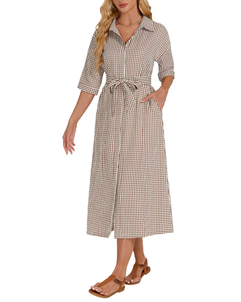 YEXPINE Women's Half Sleeve Plaid Midi Dress Collar V Neck Belted Casual Button Down Long Loose Dress Brown - Image 1