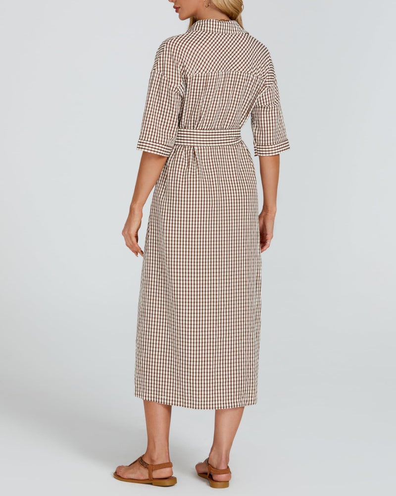YEXPINE Women's Half Sleeve Plaid Midi Dress Collar V Neck Belted Casual Button Down Long Loose Dress Brown - Image 5