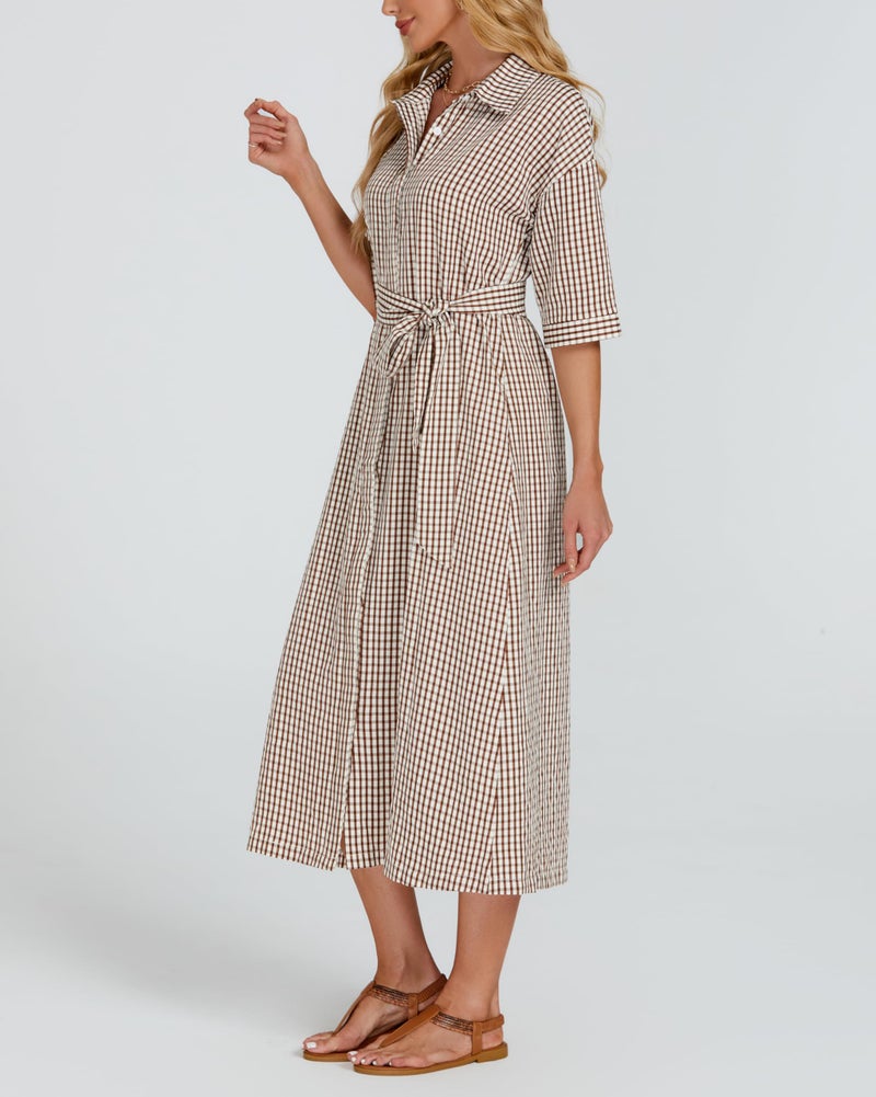 YEXPINE Women's Half Sleeve Plaid Midi Dress Collar V Neck Belted Casual Button Down Long Loose Dress Brown - Image 2