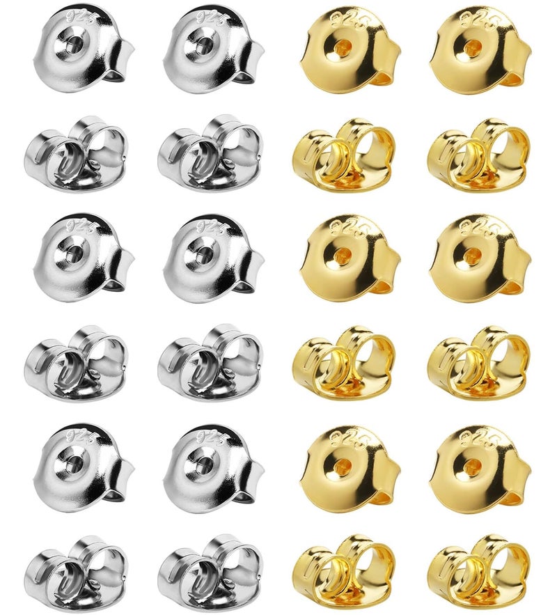 DELECOE 925 Silver Earring Backs Replacements 12pcs Silver 12pcs Gold Hypoallergenic Earring Backs for Studs Secure Locking Earring Backingsfor Stud Earrings 6mm