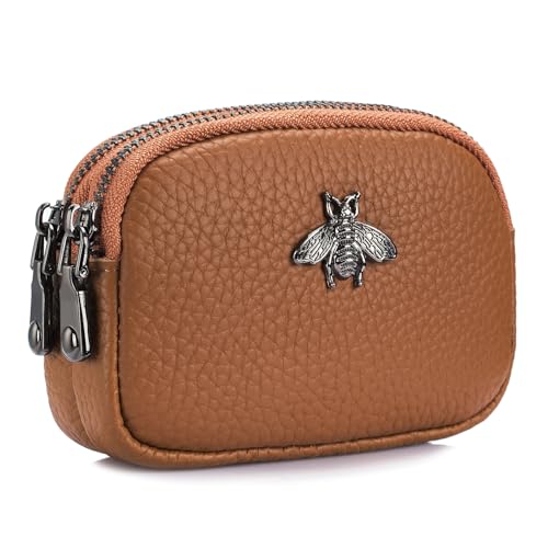 imeetu Women Leather Coin Purse, Small 2 Zippered Change Pouch Wallet(Light Brown) - Image 1