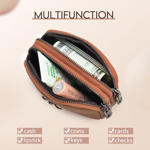 imeetu Women Leather Coin Purse, Small 2 Zippered Change Pouch Wallet(Light Brown) - Image 2