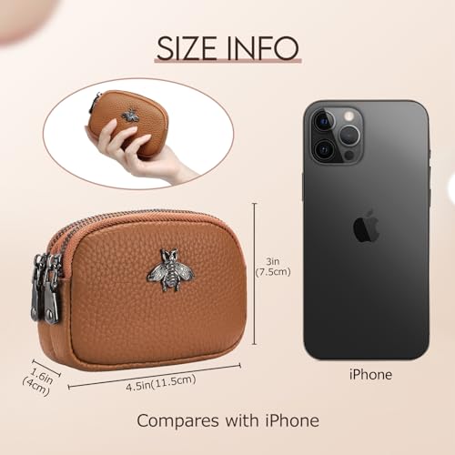 imeetu Women Leather Coin Purse, Small 2 Zippered Change Pouch Wallet(Light Brown) - Image 3