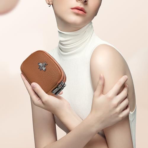 imeetu Women Leather Coin Purse, Small 2 Zippered Change Pouch Wallet(Light Brown) - Image 4