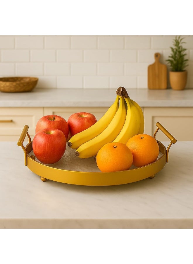 BS B&S Round Golden Decorative Tray – Metal & Acrylic Cake/Wine Serving Platter with Textured Glass, Gold Handles & Accent Line – Elegant Display Tray for Dining Table, Kitchen, or Vanity Use - Image 2