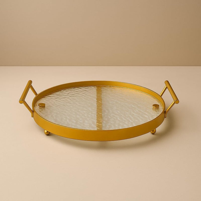 BS B&S Round Golden Decorative Tray – Metal & Acrylic Cake/Wine Serving Platter with Textured Glass, Gold Handles & Accent Line – Elegant Display Tray for Dining Table, Kitchen, or Vanity Use - Image 5