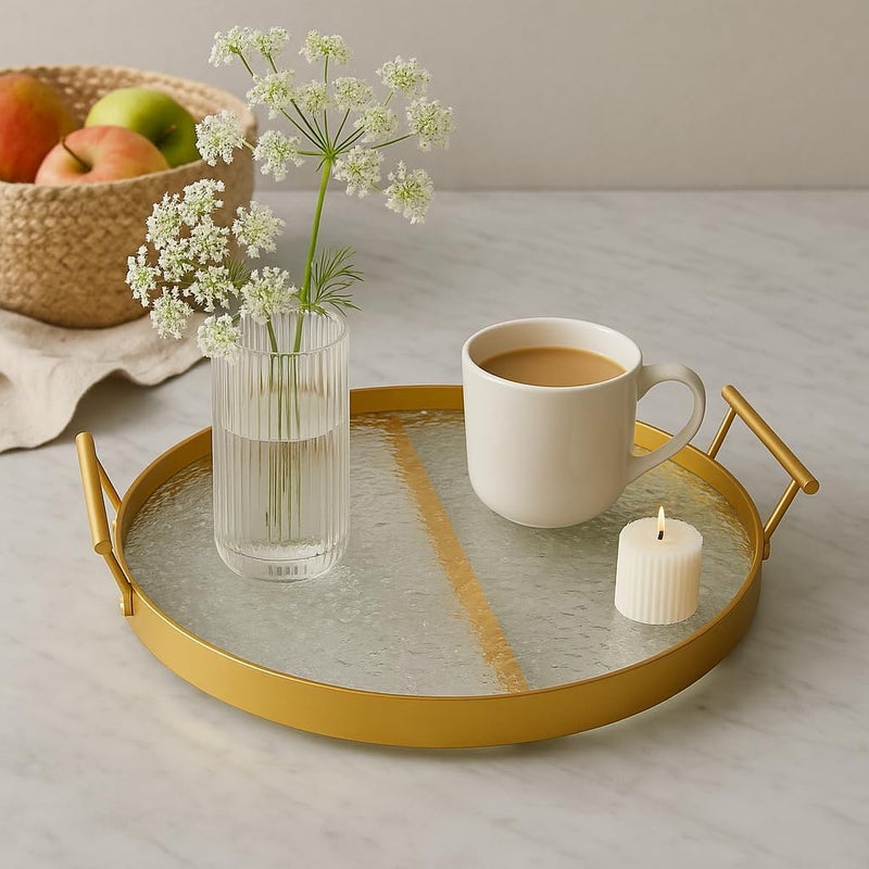 BS B&S Round Golden Decorative Tray – Metal & Acrylic Cake/Wine Serving Platter with Textured Glass, Gold Handles & Accent Line – Elegant Display Tray for Dining Table, Kitchen, or Vanity Use - Image 1