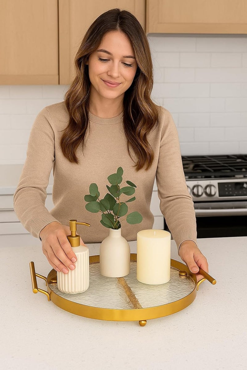 BS B&S Round Golden Decorative Tray – Metal & Acrylic Cake/Wine Serving Platter with Textured Glass, Gold Handles & Accent Line – Elegant Display Tray for Dining Table, Kitchen, or Vanity Use - Image 3