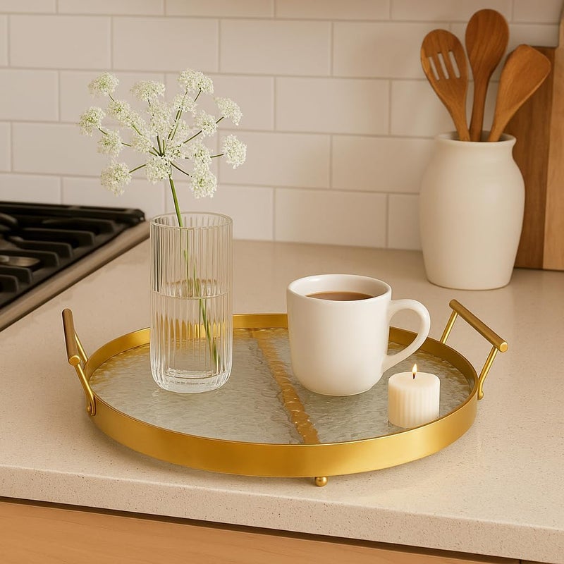 BS B&S Round Golden Decorative Tray – Metal & Acrylic Cake/Wine Serving Platter with Textured Glass, Gold Handles & Accent Line – Elegant Display Tray for Dining Table, Kitchen, or Vanity Use - Image 4