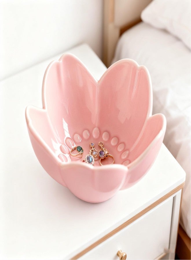 BESSKON Pink Flower Ring Dish Jewelry Tray, Ceramic Jewelry Dish, Cute Small Trinket Tray, Nightstand Bathroom Decor Ring Holder, Jewlery Plate Bowl for Christmas Friendship Birthday Gifts for Women - Image 3