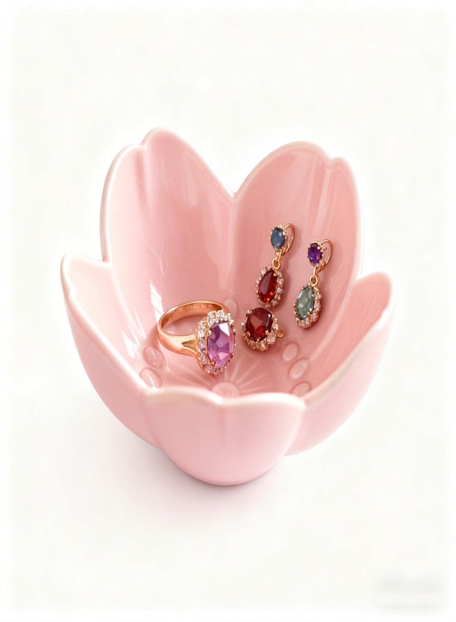 BESSKON Pink Flower Ring Dish Jewelry Tray, Ceramic Jewelry Dish, Cute Small Trinket Tray, Nightstand Bathroom Decor Ring Holder, Jewlery Plate Bowl for Christmas Friendship Birthday Gifts for Women - Image 1