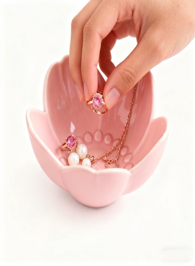 BESSKON Pink Flower Ring Dish Jewelry Tray, Ceramic Jewelry Dish, Cute Small Trinket Tray, Nightstand Bathroom Decor Ring Holder, Jewlery Plate Bowl for Christmas Friendship Birthday Gifts for Women - Image 5