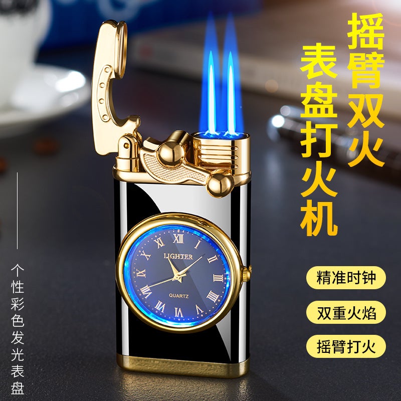 Metal Rocker Arm Double Fire Lantern Lighter Flushable Windproof Double Straight Belt Watch Advertising Gift Cross-Mirror - Image 5