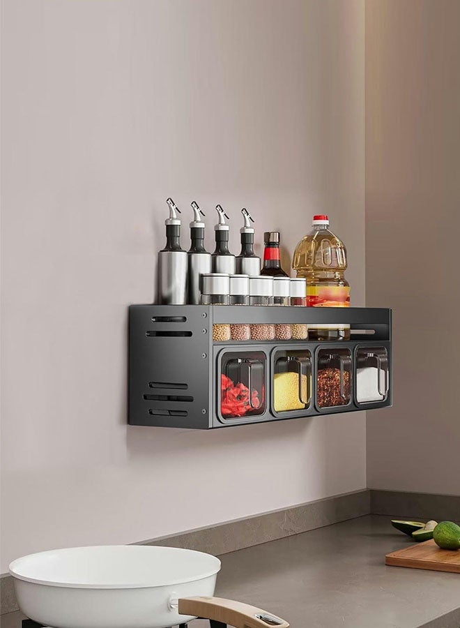 DAREU Wall-Mounted and Countertop Aluminum Spice Rack with 4 Transparent Seasoning Boxes – No-Drill Installation Kitchen Organizer for Herbs, Condiments, and Jars - Image 3
