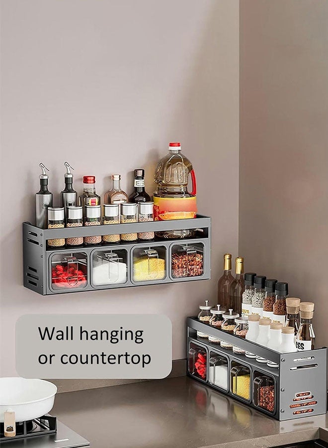 DAREU Wall-Mounted and Countertop Aluminum Spice Rack with 4 Transparent Seasoning Boxes – No-Drill Installation Kitchen Organizer for Herbs, Condiments, and Jars - Image 4