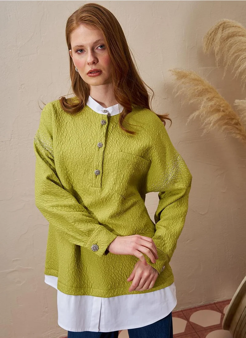 Kayra Hotfix Printed Textured Tunic Pistachio Green