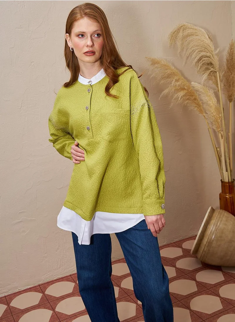 Kayra Hotfix Printed Textured Tunic Pistachio Green