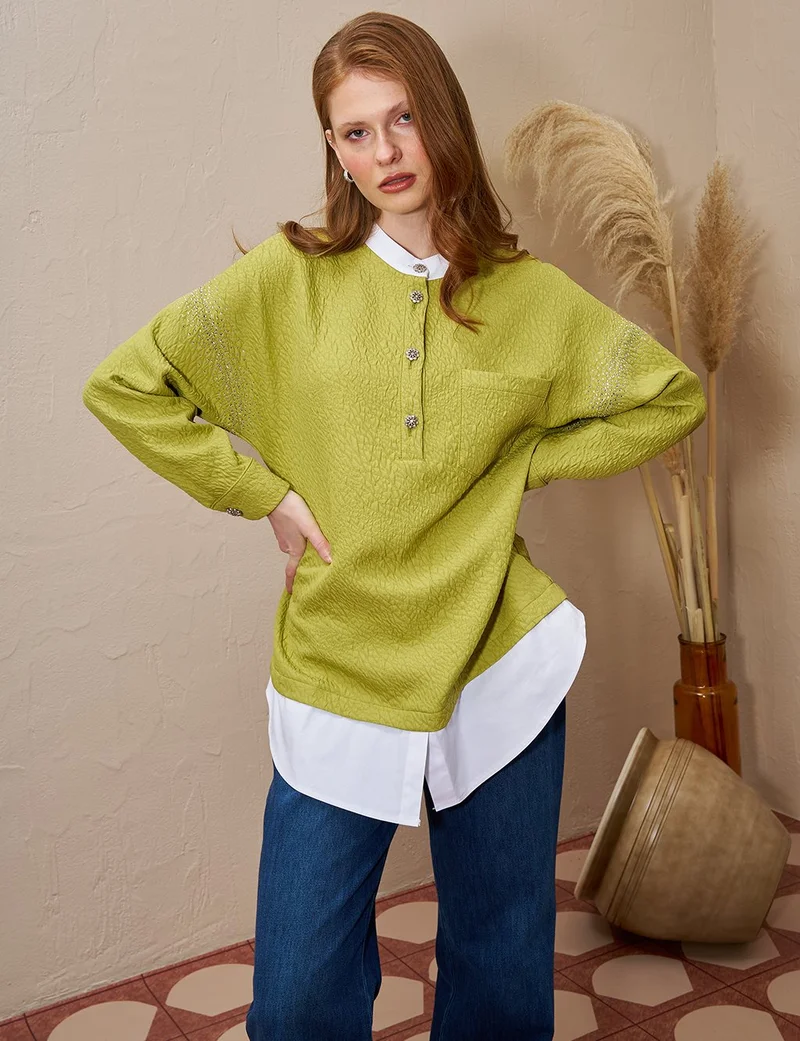 Kayra Hotfix Printed Textured Tunic Pistachio Green