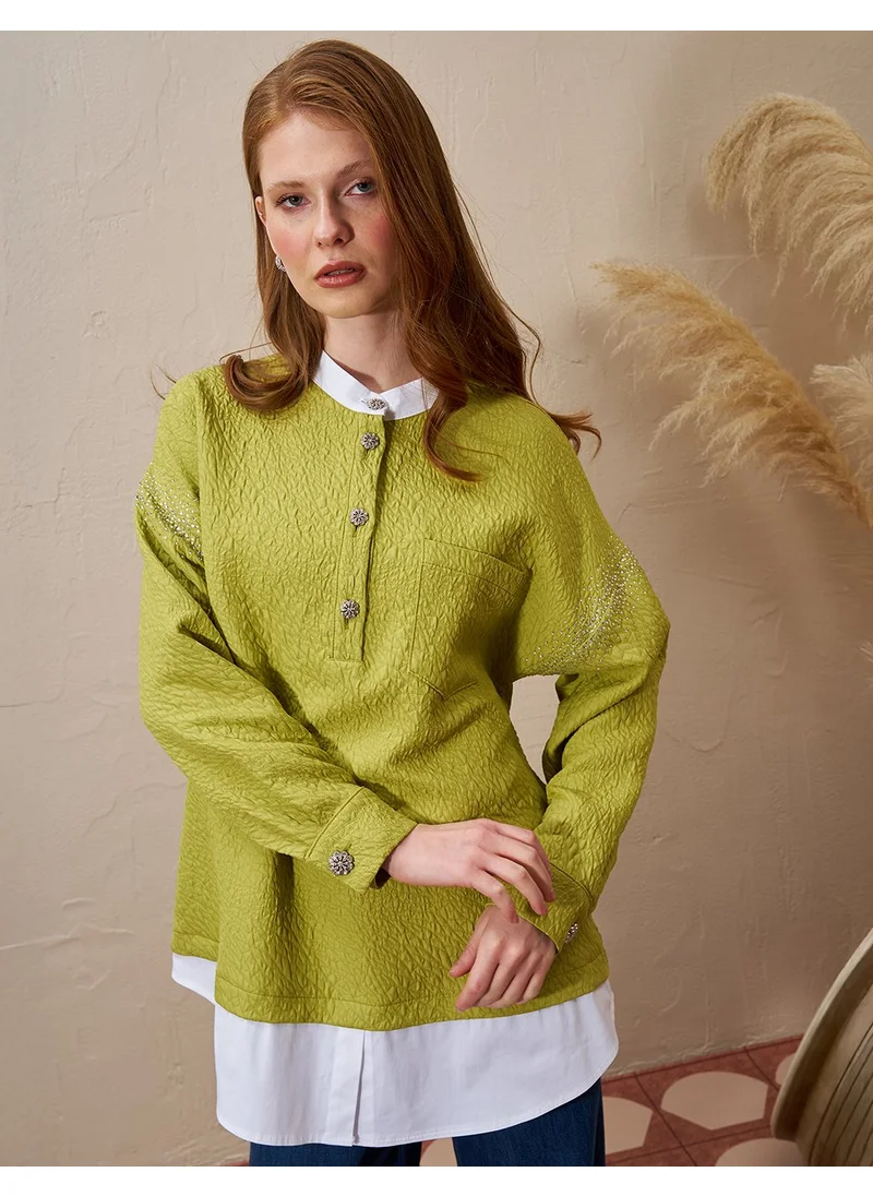 Kayra Hotfix Printed Textured Tunic Pistachio Green