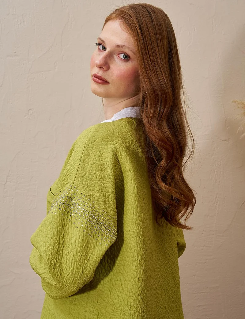 Kayra Hotfix Printed Textured Tunic Pistachio Green