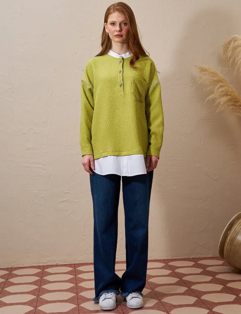Kayra Hotfix Printed Textured Tunic Pistachio Green