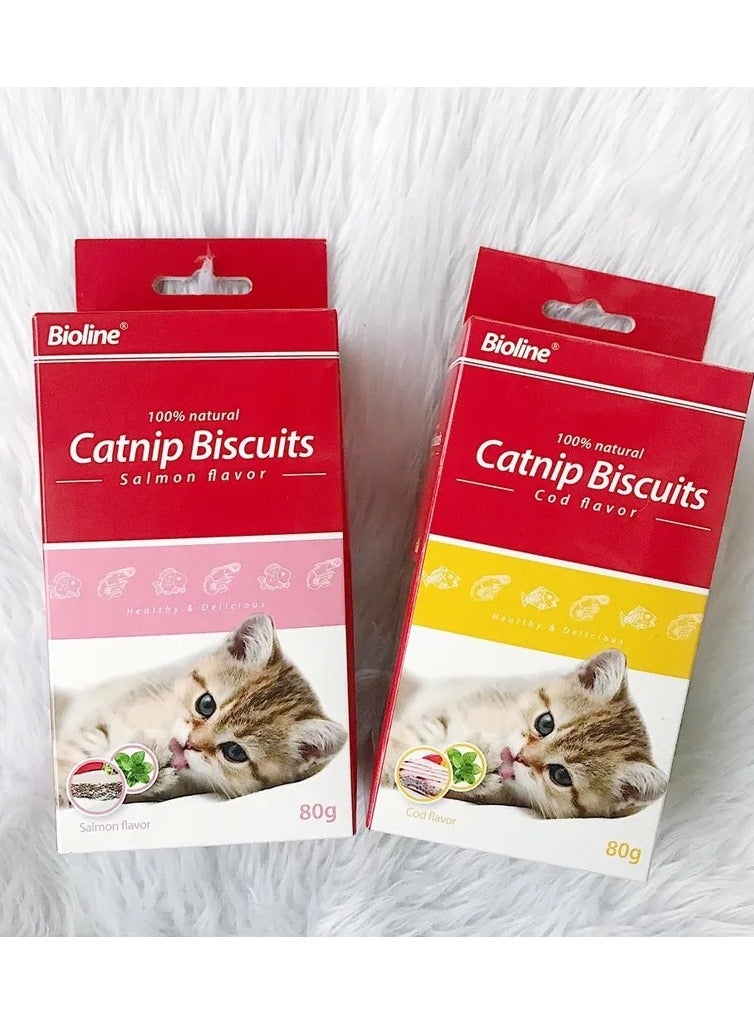 Bioline Catnip Biscuits 100% Natural Cat Treats 80g (Salmon Flavor & Cod Flavor) - Image 1