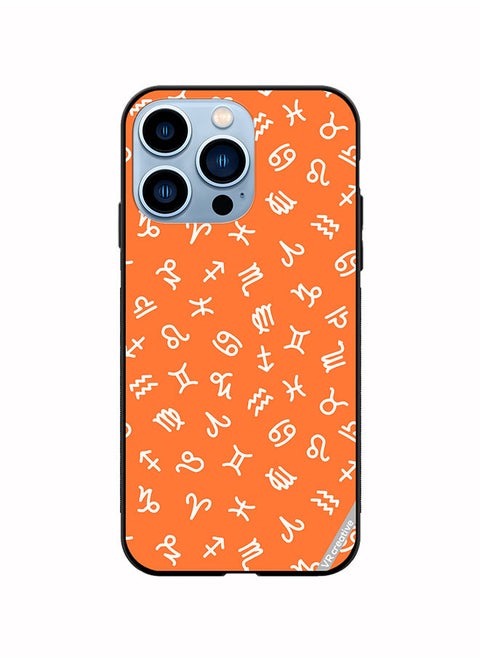 Protective Case Cover For Apple iPhone 14 Pro Max Orange Seamless Pattern With White Zodiac Signs Design Multicolour
