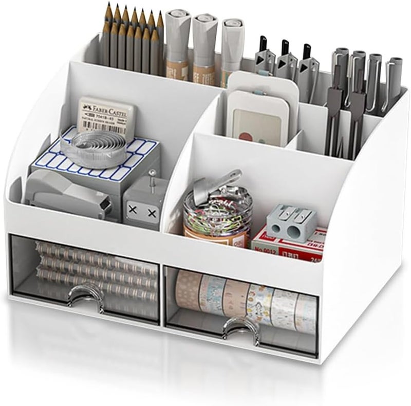 Excefore Multifunctional Desk Organizer With 2 Drawers & 8 Grids - Large Capacity Plastic Stationery Organizer, Tidy White Desktop Storage Box - Ideal Desk Accessories For Home, Office, School Table Decor - Image 2
