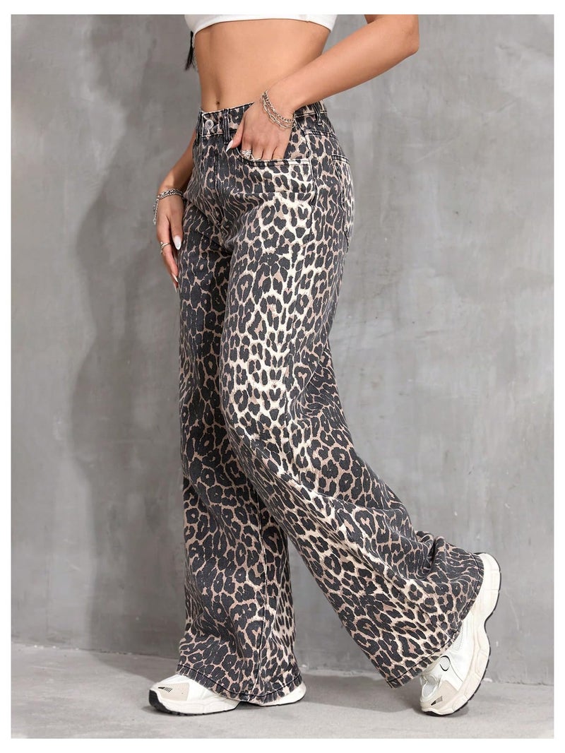 Floerns Women's Y2k Cheetah Print Wide Leg Jeans High Waisted Baggy Casual Denim Pants Brown and Black Medium - Image 5