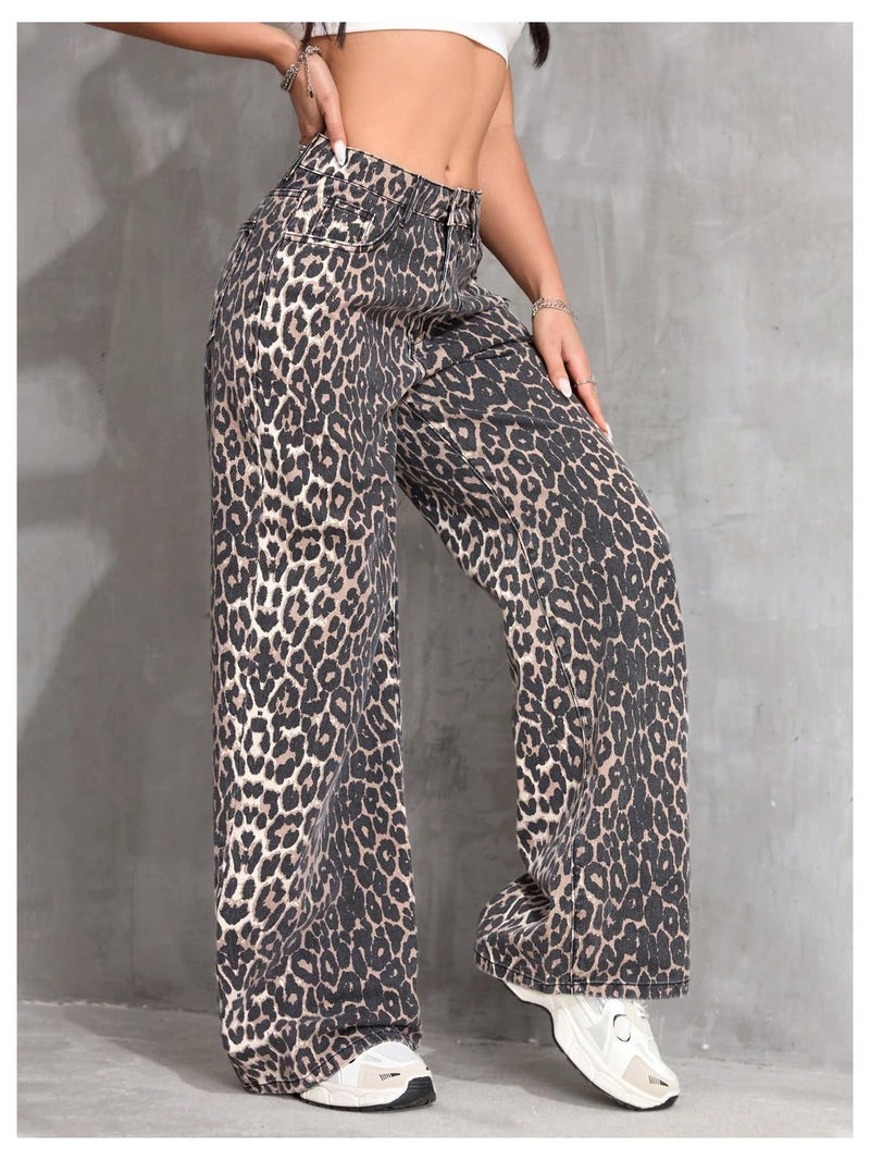 Floerns Women's Y2k Cheetah Print Wide Leg Jeans High Waisted Baggy Casual Denim Pants Brown and Black Medium - Image 2