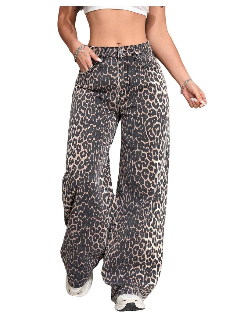 Floerns Women's Y2k Cheetah Print Wide Leg Jeans High Waisted Baggy Casual Denim Pants Brown and Black Medium - Image 1