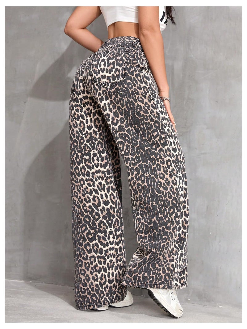 Floerns Women's Y2k Cheetah Print Wide Leg Jeans High Waisted Baggy Casual Denim Pants Brown and Black Medium - Image 3