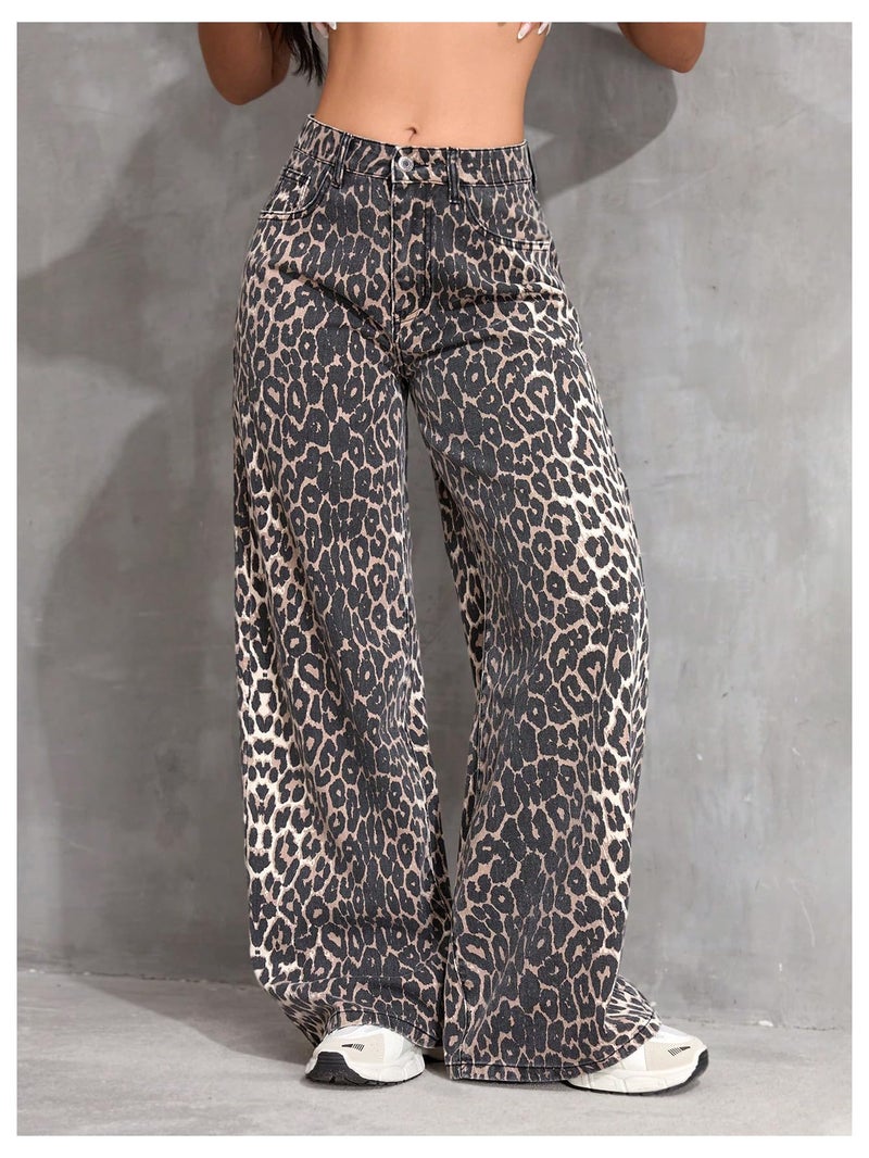 Floerns Women's Y2k Cheetah Print Wide Leg Jeans High Waisted Baggy Casual Denim Pants Brown and Black Medium - Image 4