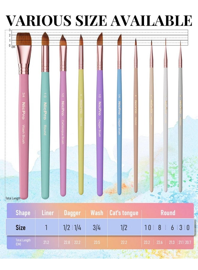 Nicpro 10Pcs Pastel Watercolor Brushes Set Professional Water Color Paint Brush Pointed Round Cat Tongue Liner Dagger Wash For Adult Beginers Watercolor Inks Gouache With Holder & Bag - Image 5