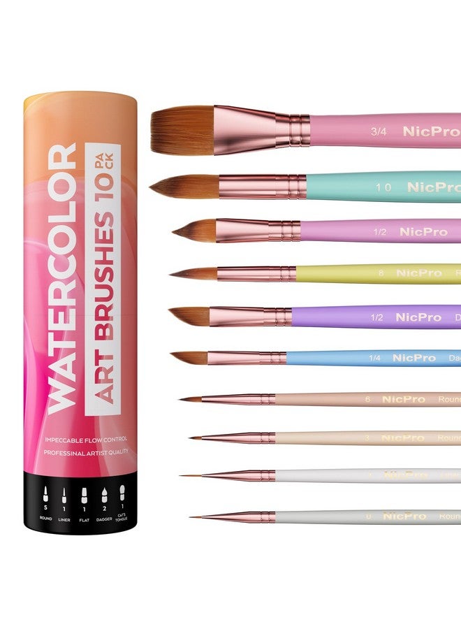 Nicpro 10Pcs Pastel Watercolor Brushes Set Professional Water Color Paint Brush Pointed Round Cat Tongue Liner Dagger Wash For Adult Beginers Watercolor Inks Gouache With Holder & Bag - Image 1