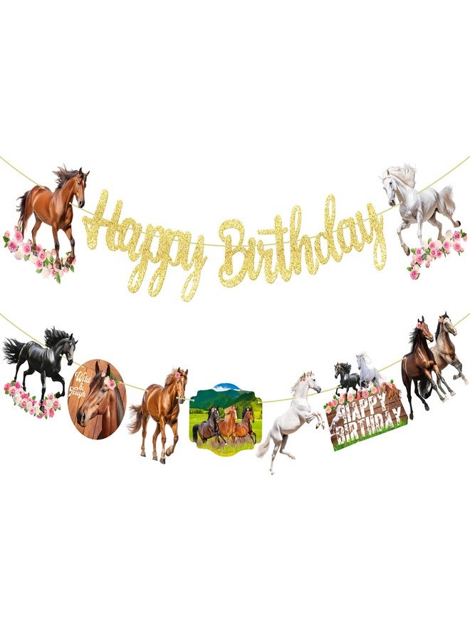 اوموني زينة حفلة عيد ميلاد بطابع الخيول، لافتة عيد ميلاد سعيد بطابع الخيول (قطعتان)، لافتة حفلة بطابع الخيول لحفلات سباق الخيول البرية. - Image 2