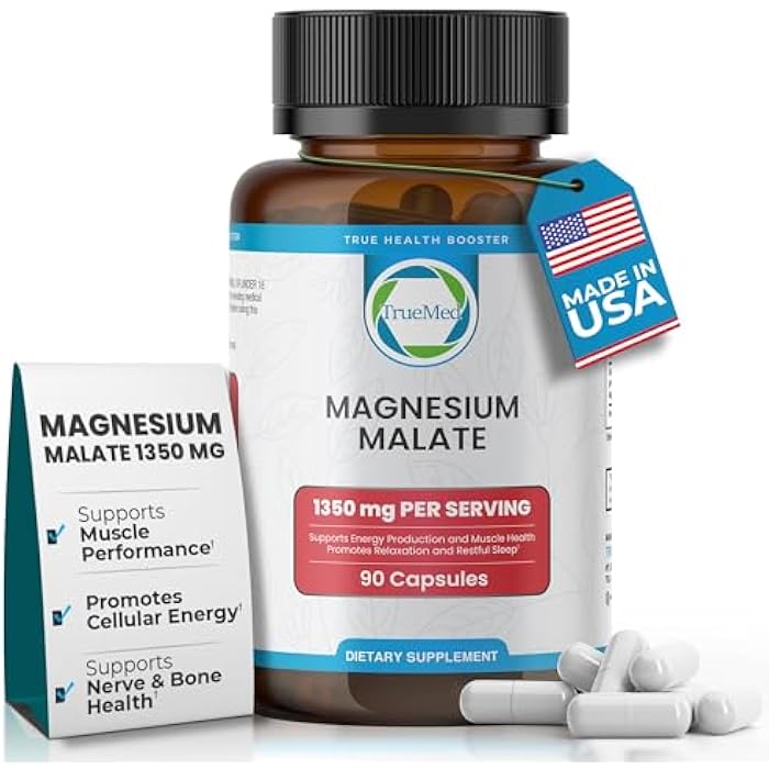 TRUEMED Magnesium Malate Capsules 1350mg – High Bioavailability Magnesium Supplement for Muscle Function, Energy & Metabolic Support, Vegan, Non-GMO, Made in USA - 90 Capsules - Image 1