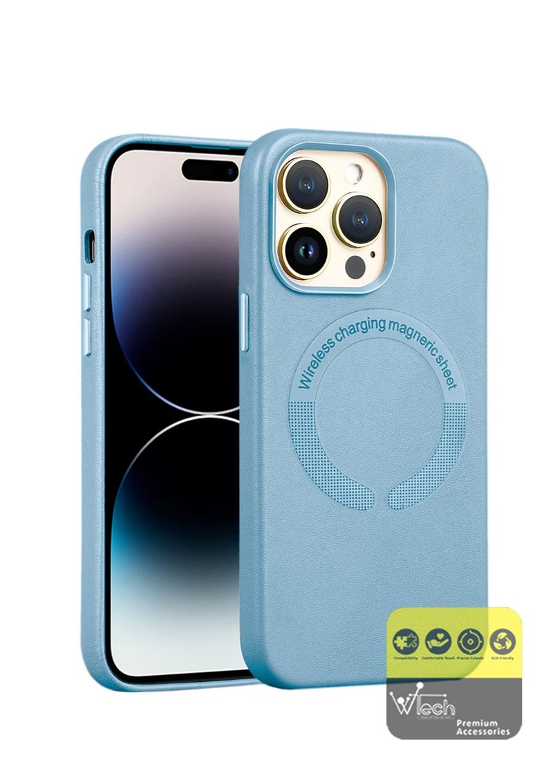 Wtech - Luxury Leather MagSafe Magnetic Wireless Charging And Shockproof Case Cover For Apple iPhone 14 Pro Max 6.7 Inch Sky Blue - Image 1