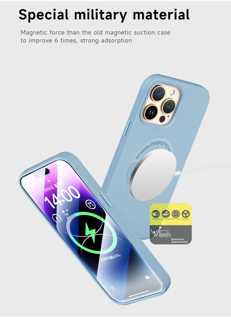 Wtech - Luxury Leather MagSafe Magnetic Wireless Charging And Shockproof Case Cover For Apple iPhone 14 Pro Max 6.7 Inch Sky Blue - Image 1